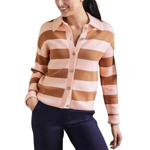Boden Stripe Embellished Button Front Long Sleeve Collared Sweater Top Camel 10